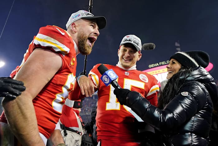 Chiefs tight end Travis Kelce and quarterback Patrick Mahomes celebrate their AFC championship win against the Bengals.